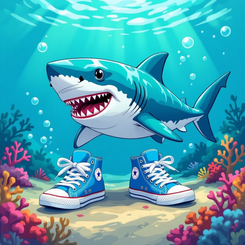Whimsical Shark Wearing Sneakers in Cartoon Style