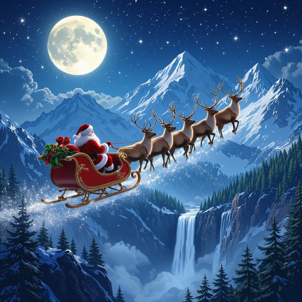 Santa Flying His Sleigh Over Mountains Under Full Moon