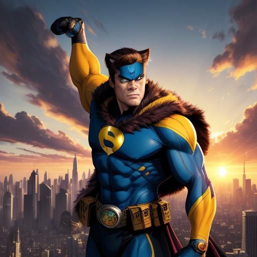 Muscular Cat Superhero in Comic Book Style