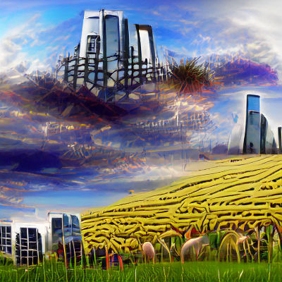 Filmic Storybook Field Amidst Tall Buildings