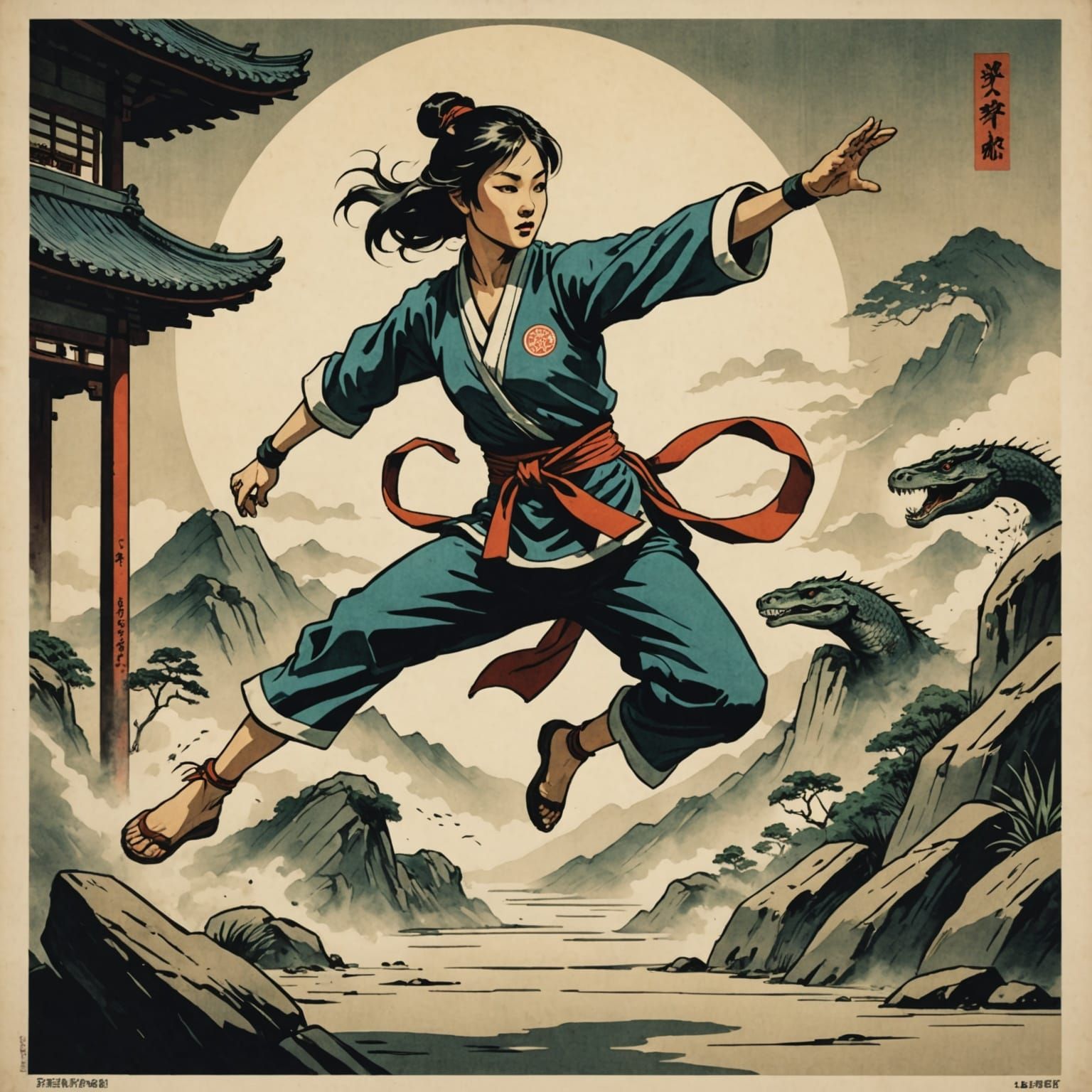 Jumping Kung Fu Dancer with Animal in Vintage Anime Style
