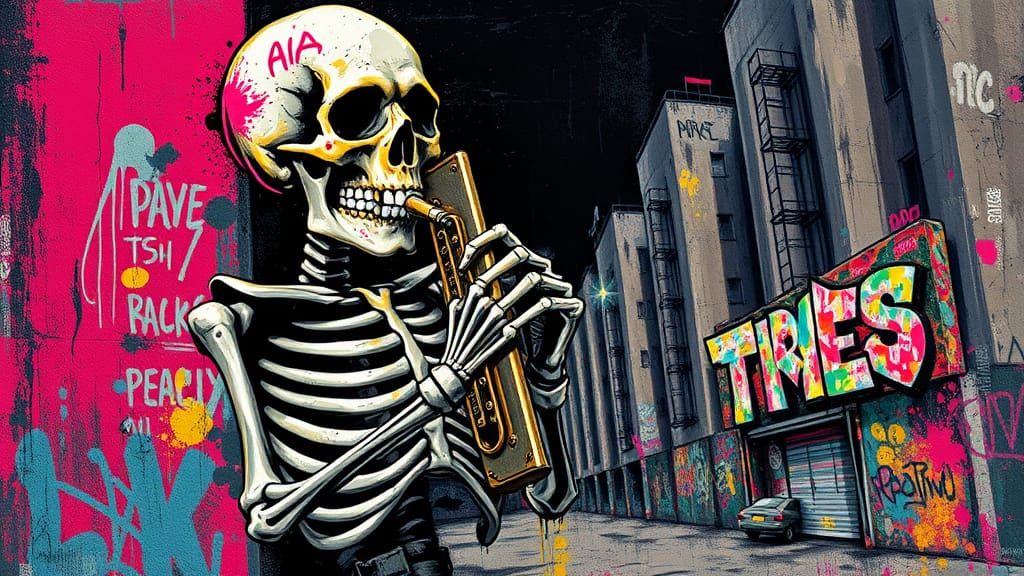 Vibrant Skeleton Graffiti Artist Plays Harmonica in Urban De...