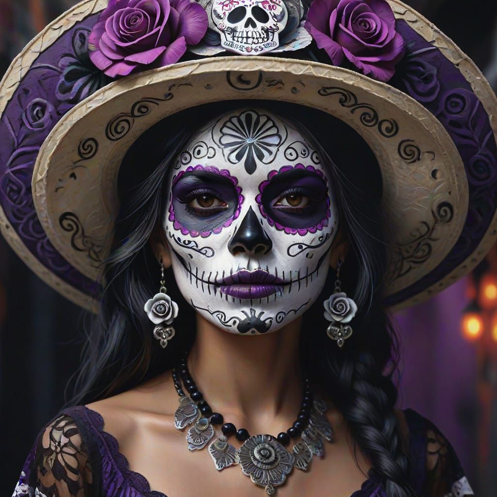 Surrealistic Woman Adorned with Skull Makeup in Day of the D...