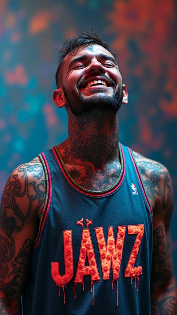 Man Covered in Tattoos Laughing in Surreal Scene