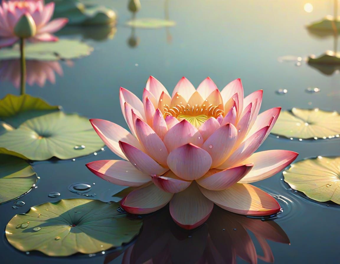 Glowing Pink Lotus in Soft Focus, Dreamy Oil Painting Style