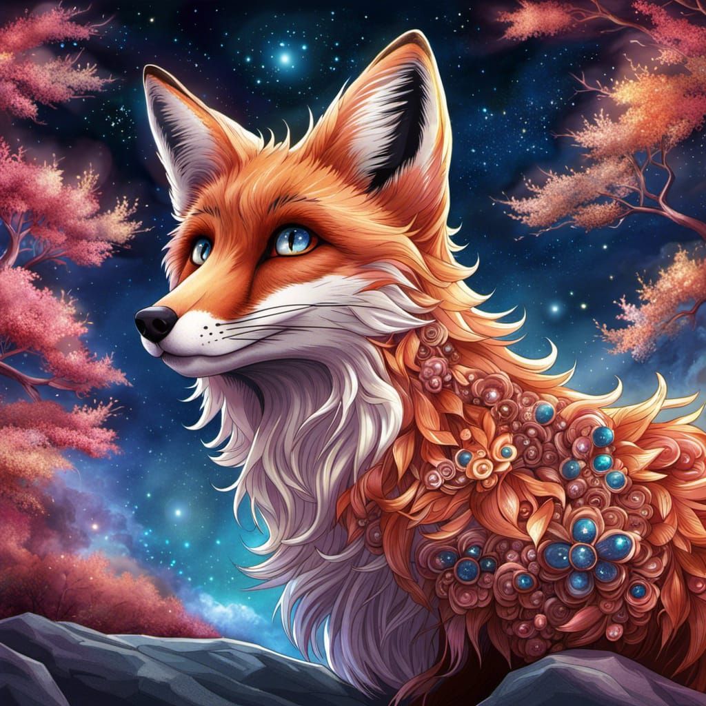 Fantasy Fox with Starry Sky, Anime Style