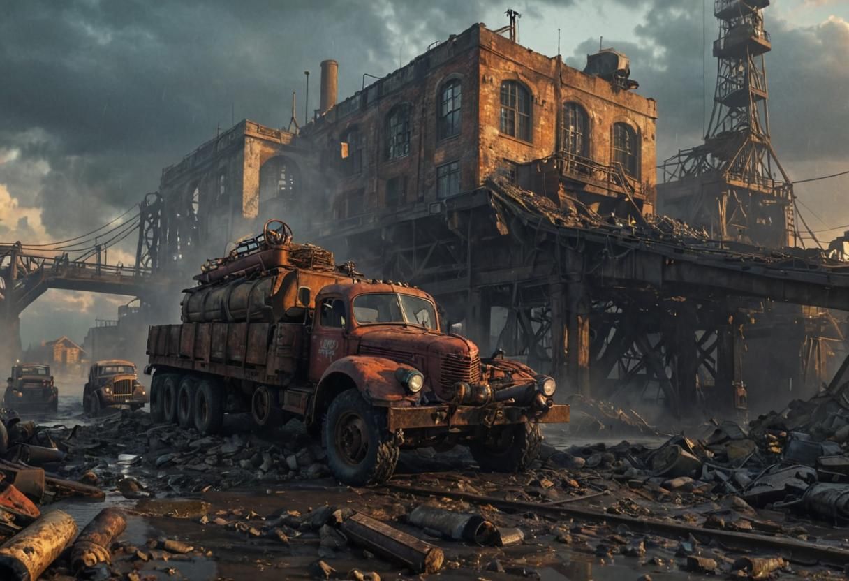 Dieselpunk Truck on Industrial Bridge at Sunset