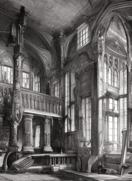 Gothic Mansion Overlooks Rundown Street: Copper Engraving