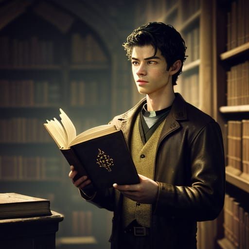 Young Boy Holds Ancient Leather-Bound Book in Mystical Libra...