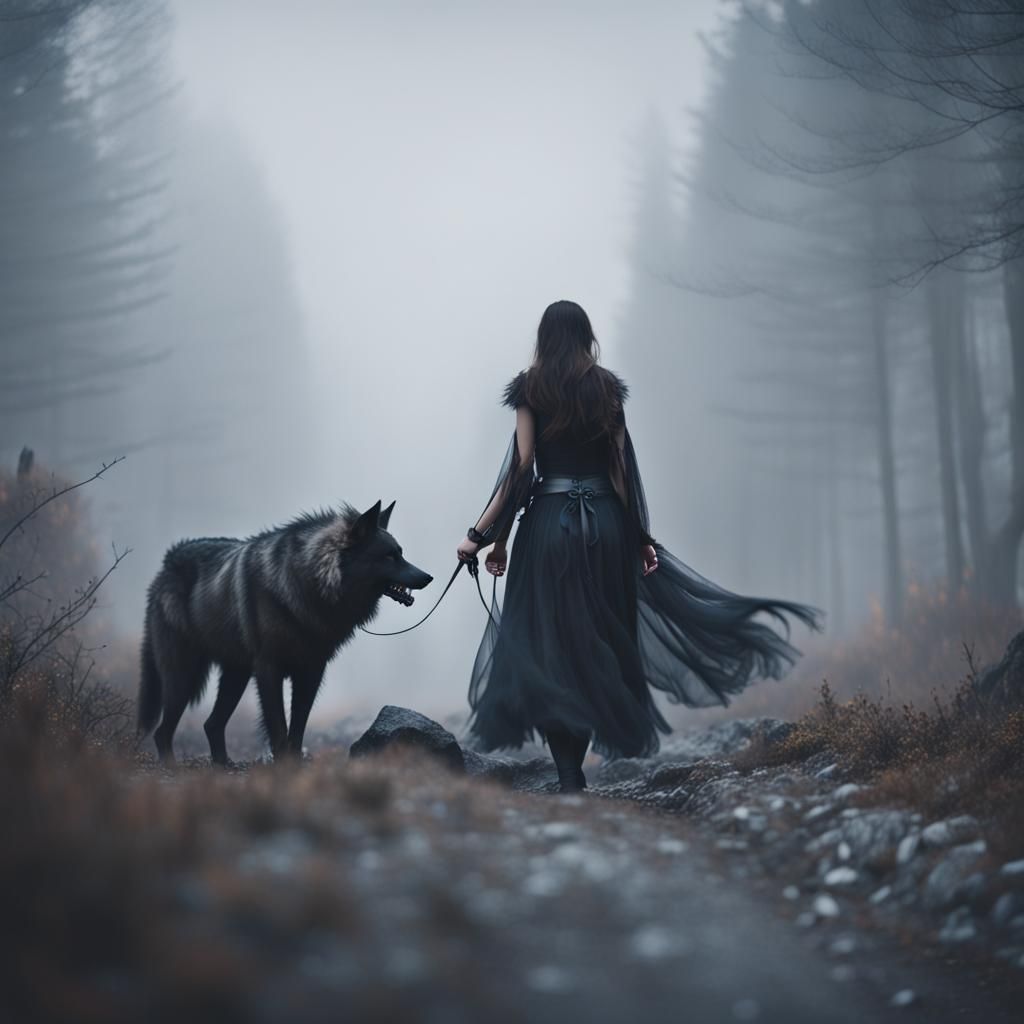 Morrigan and Wolf in Misty Mountain Landscape