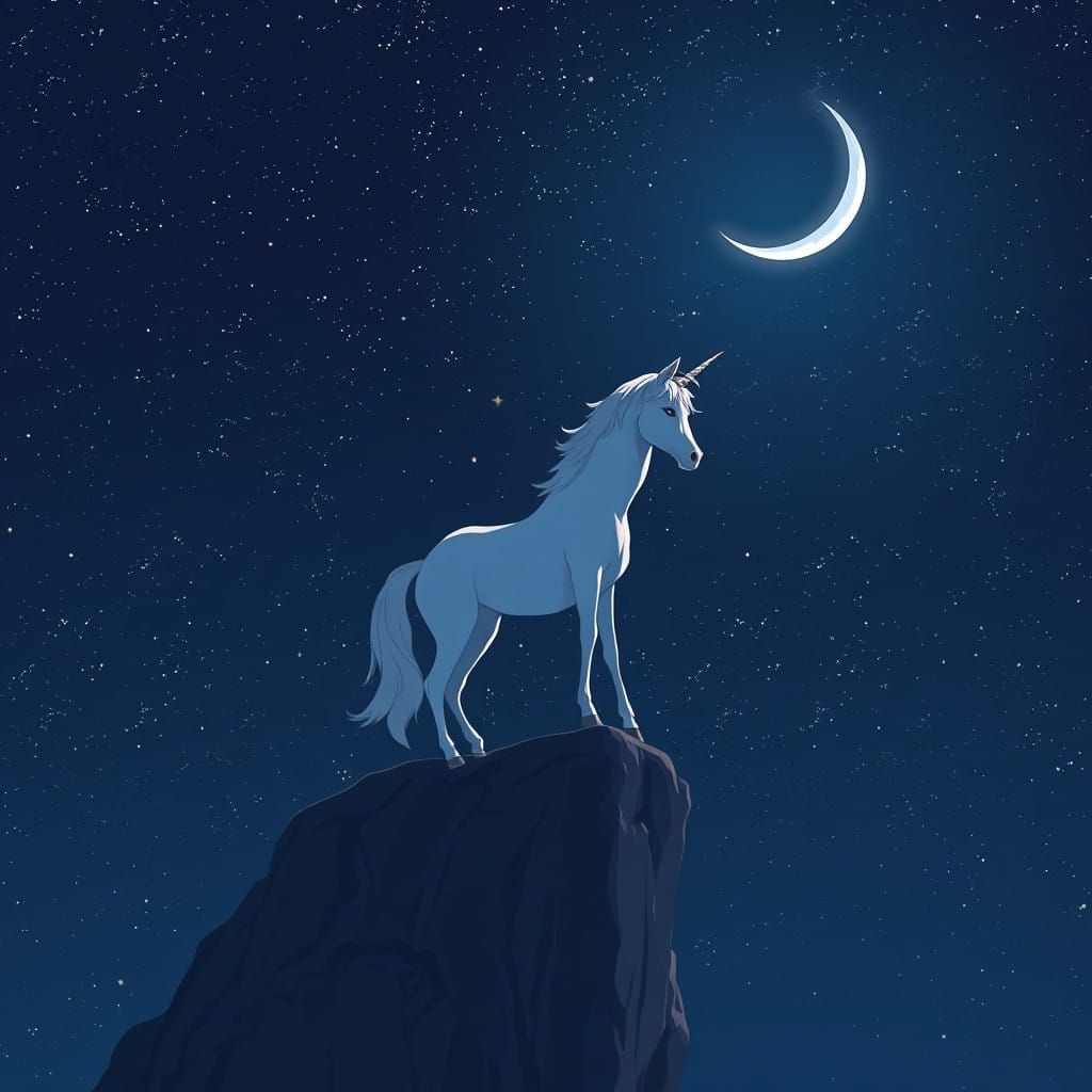 Majestic Unicorn Under Crescent Moon