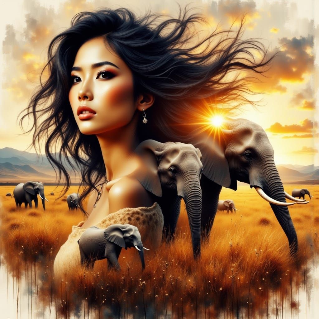 Woman and Elephants in Double Exposure Style