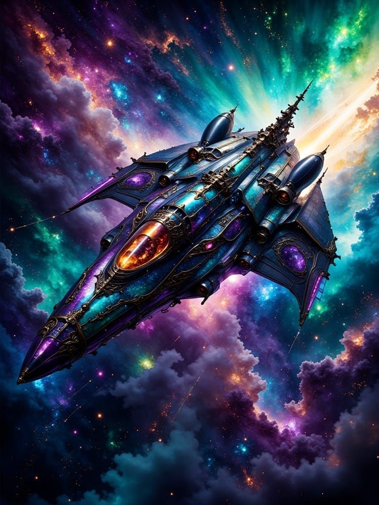 Rocket Ship Soaring Through Gothic Cyberpunk Galaxy