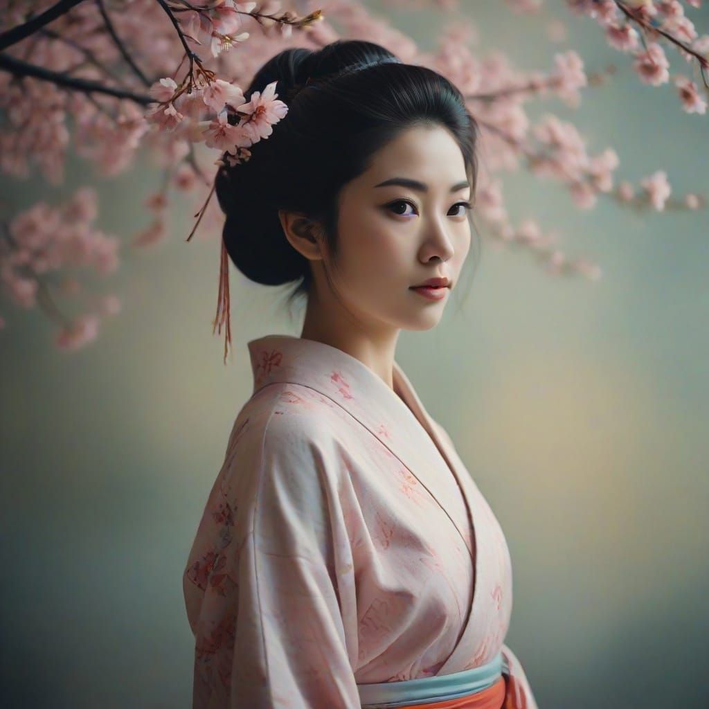 Serene Geisha in Swirling Color Vortex