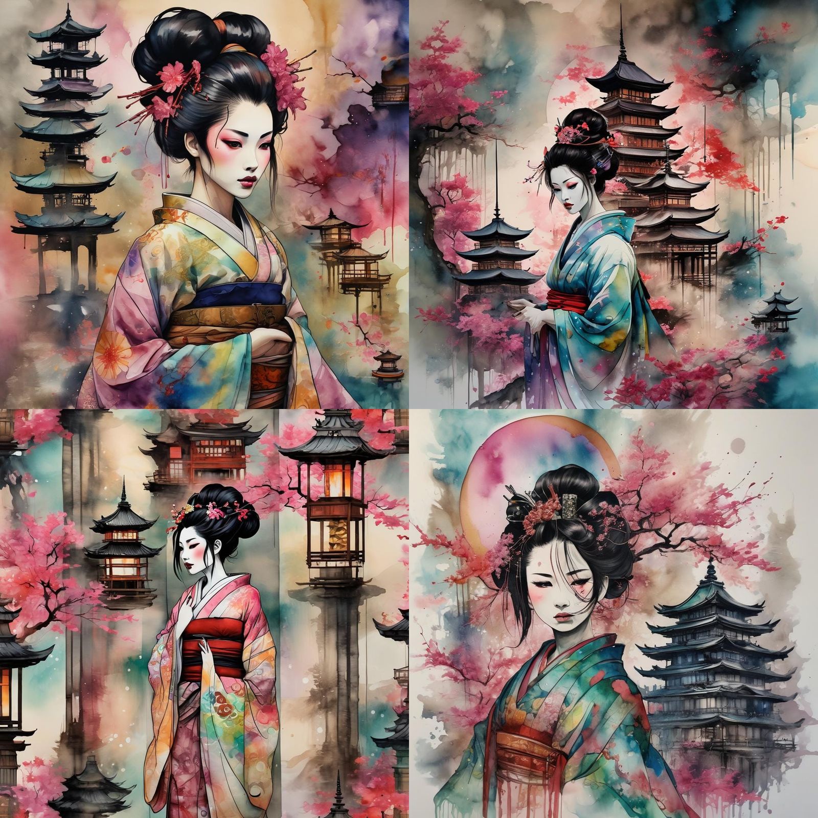Geisha Samurai Pagoda in Alcohol Ink Style