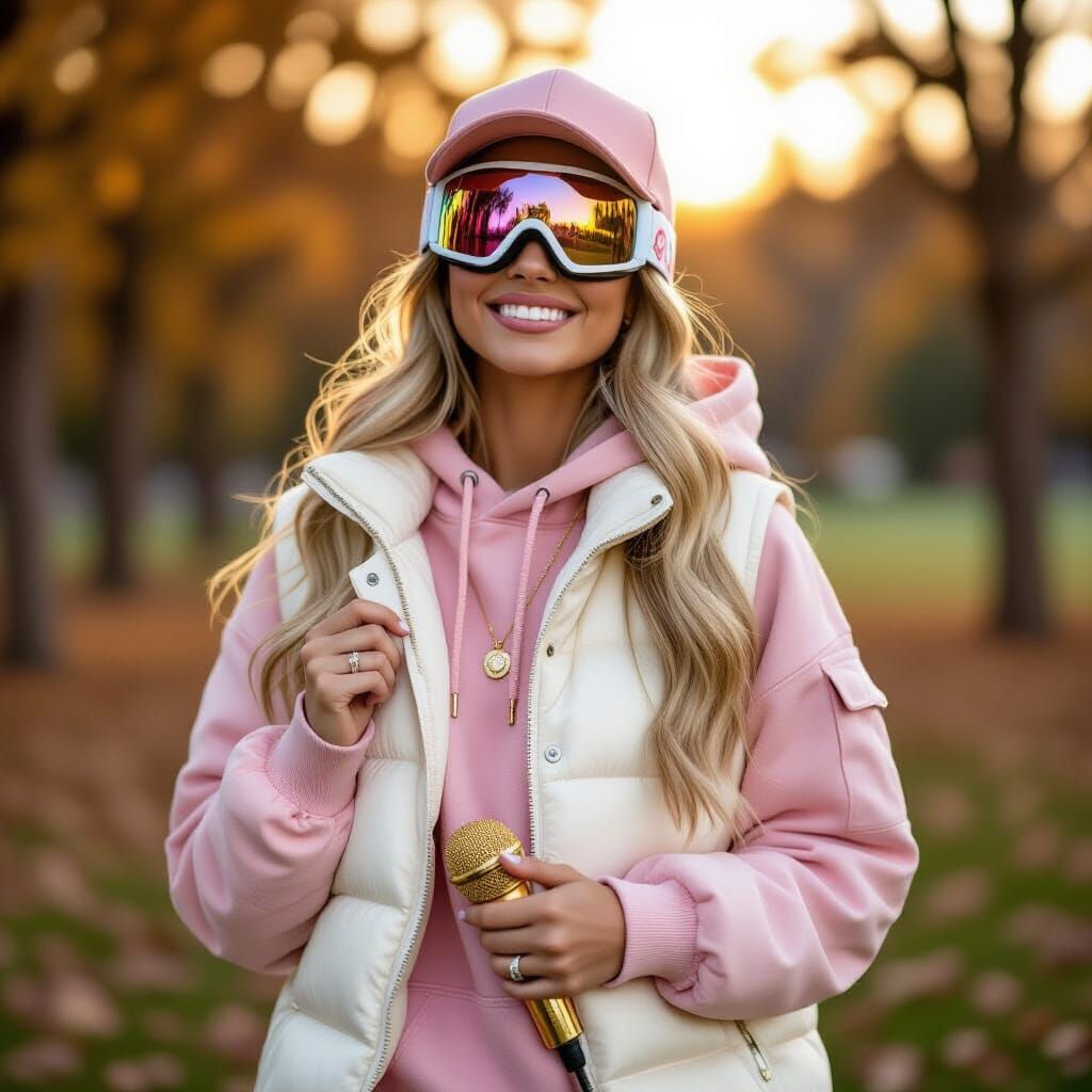 Joyful Woman with Microphone in Autumn Park