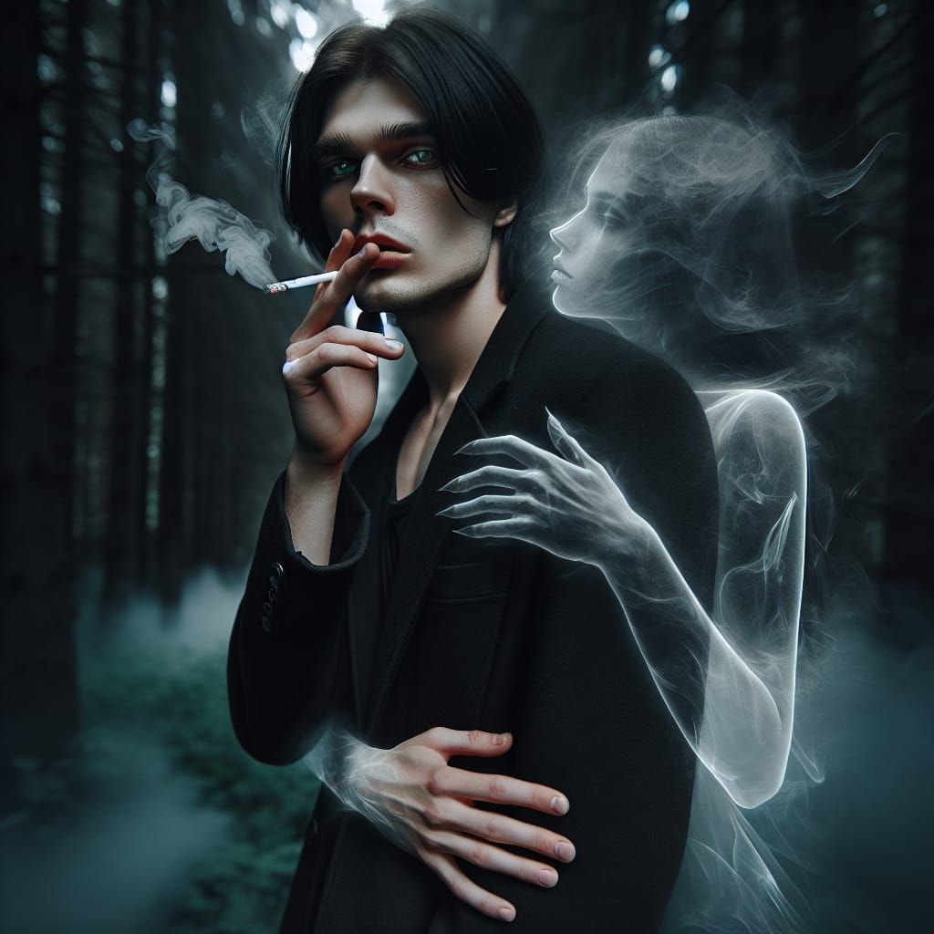 Ethereal Embrace: Ghostly Woman in Smoky Forest