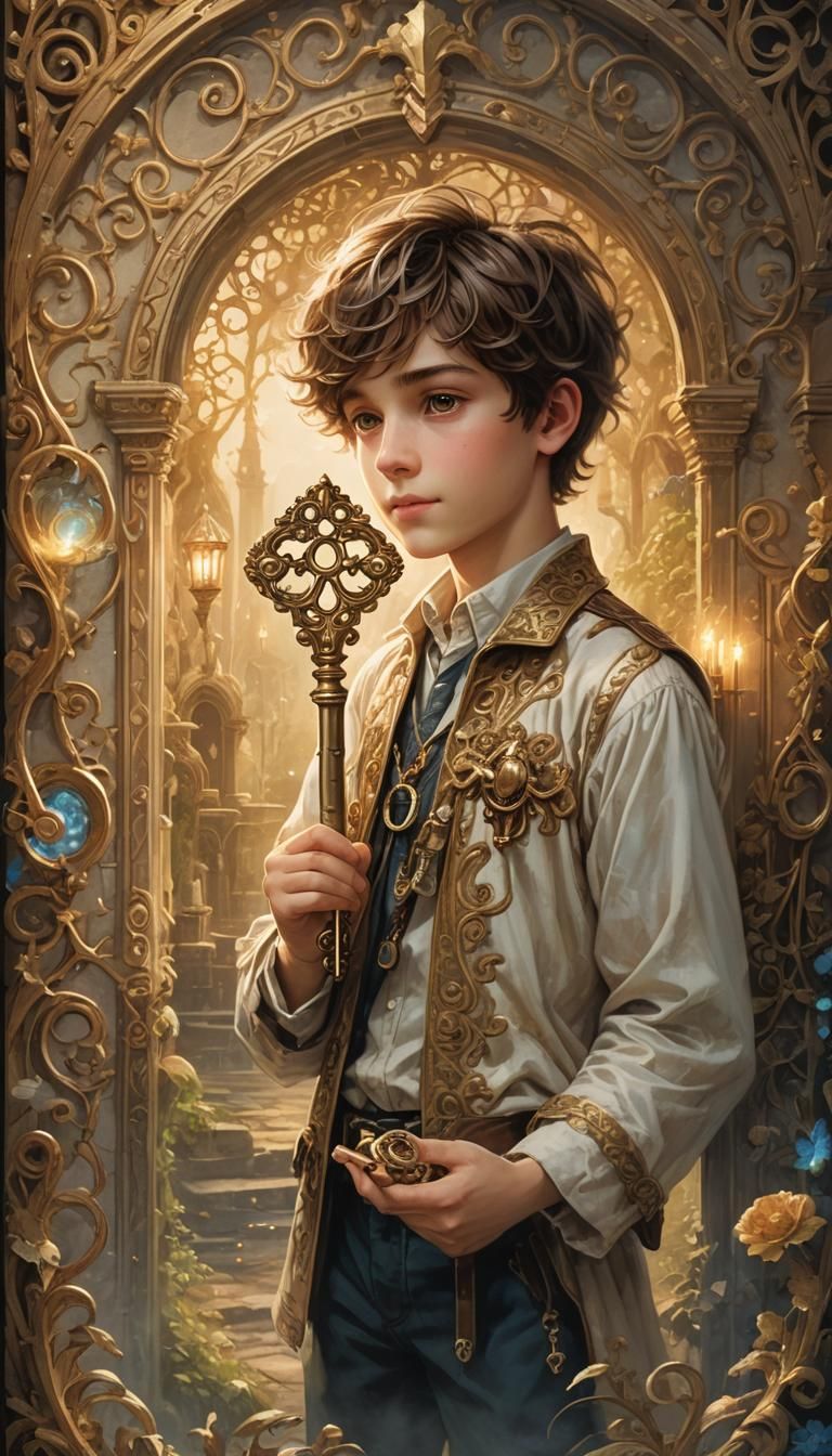 Boy Holds Radiant Key to a Mystical Realm