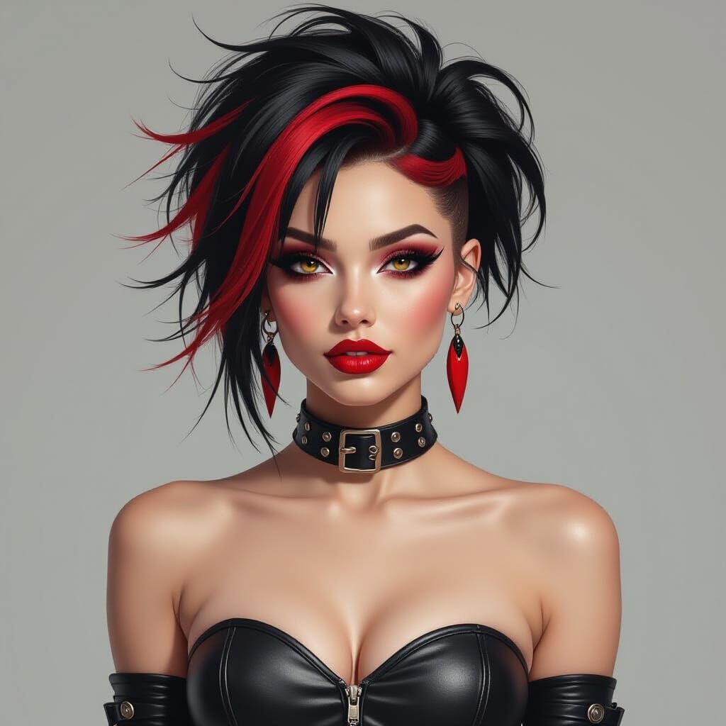 Punk Woman with Black and Red Hair in Leather Dress