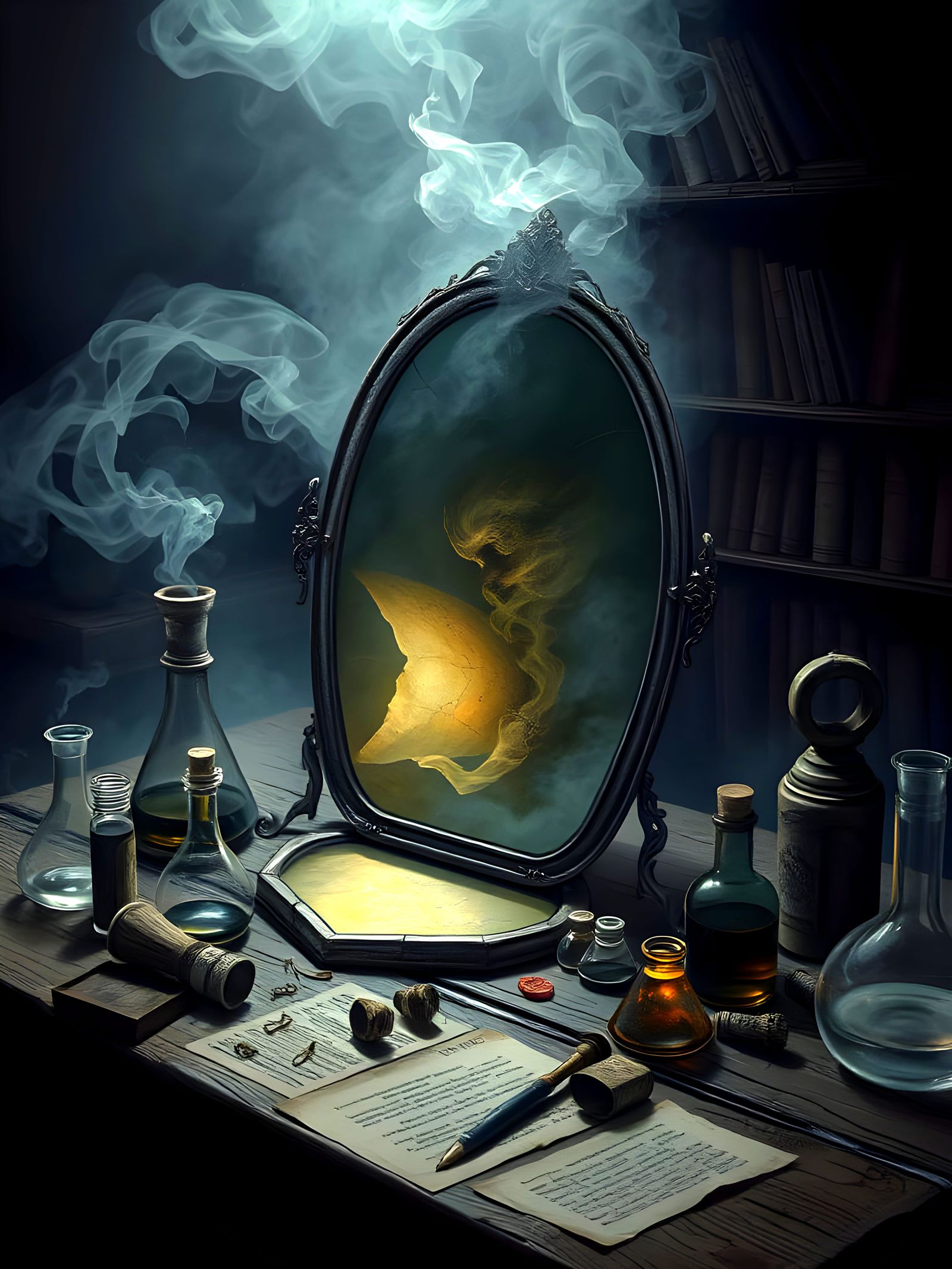 Mystical Cracked Mirror Reflecting Smoky Face in Dark Fantas...