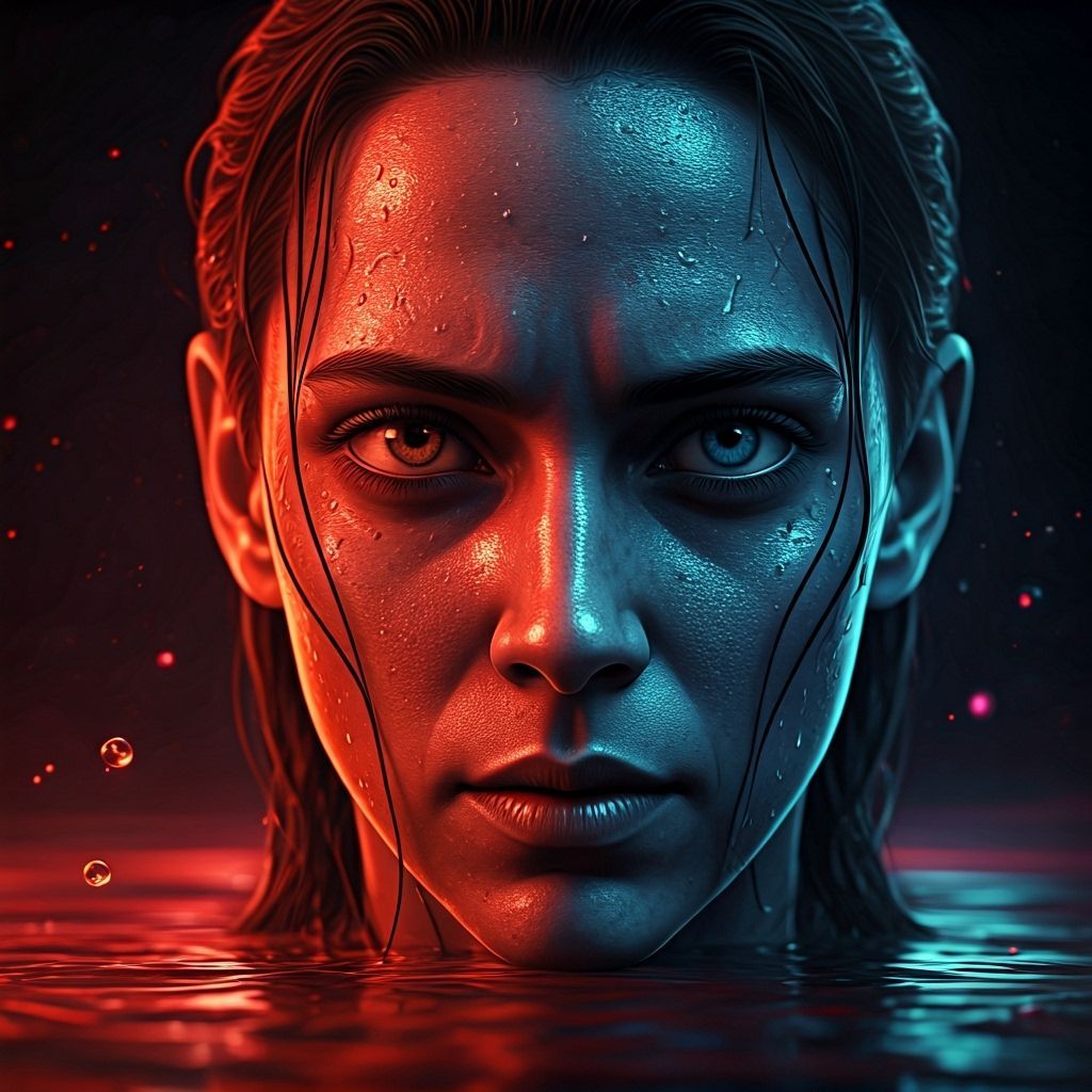 A hyper-realistic close-up portrait of an alien character face, with only the right half visible and partially submerged...