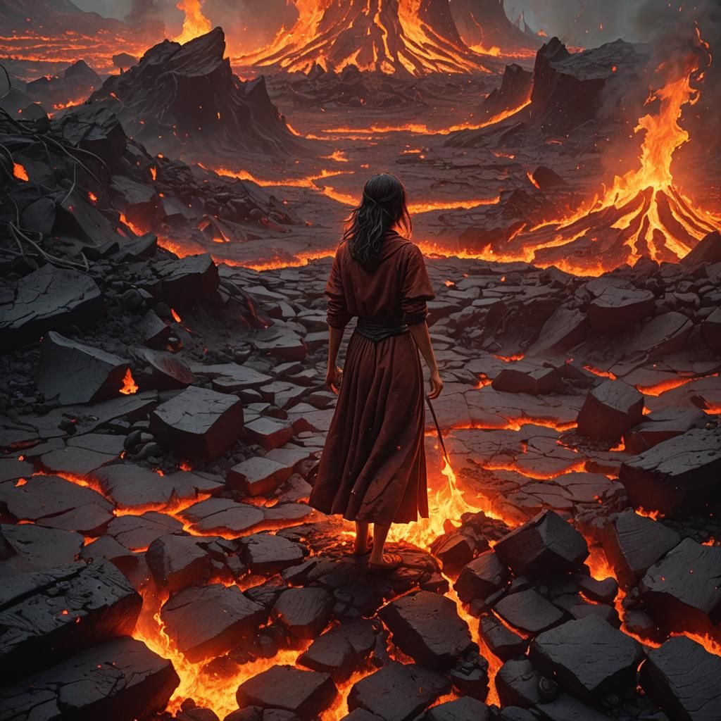 Infernal Devil Girl in a Lava Landscape