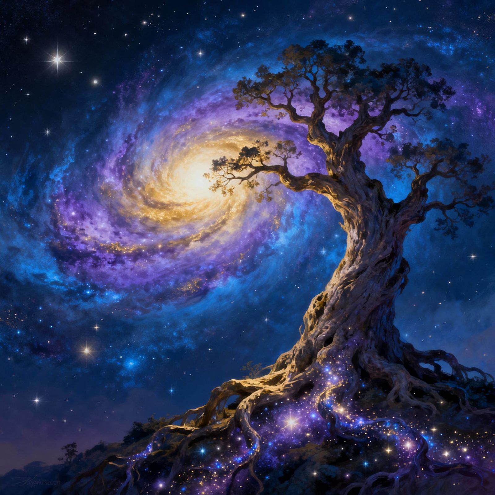Ancient Tree Reaches for Nebula in Cosmic Storybook Style