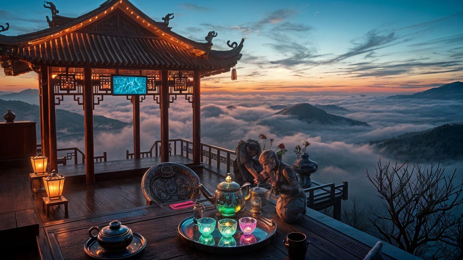 Cyberpunk Tea Ceremony in Misty Pavilion