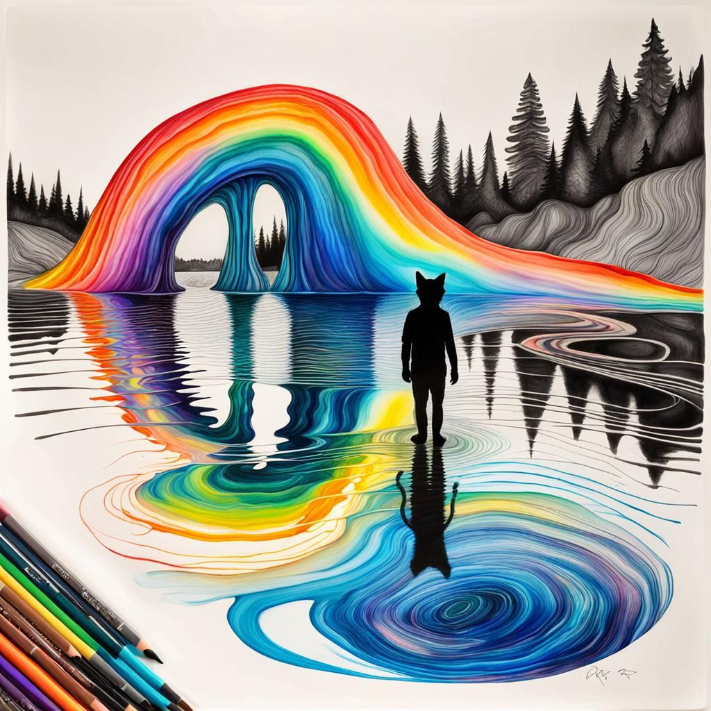 Surreal Non-Newtonian Lake with Rainbow Fairy, Crayon Style