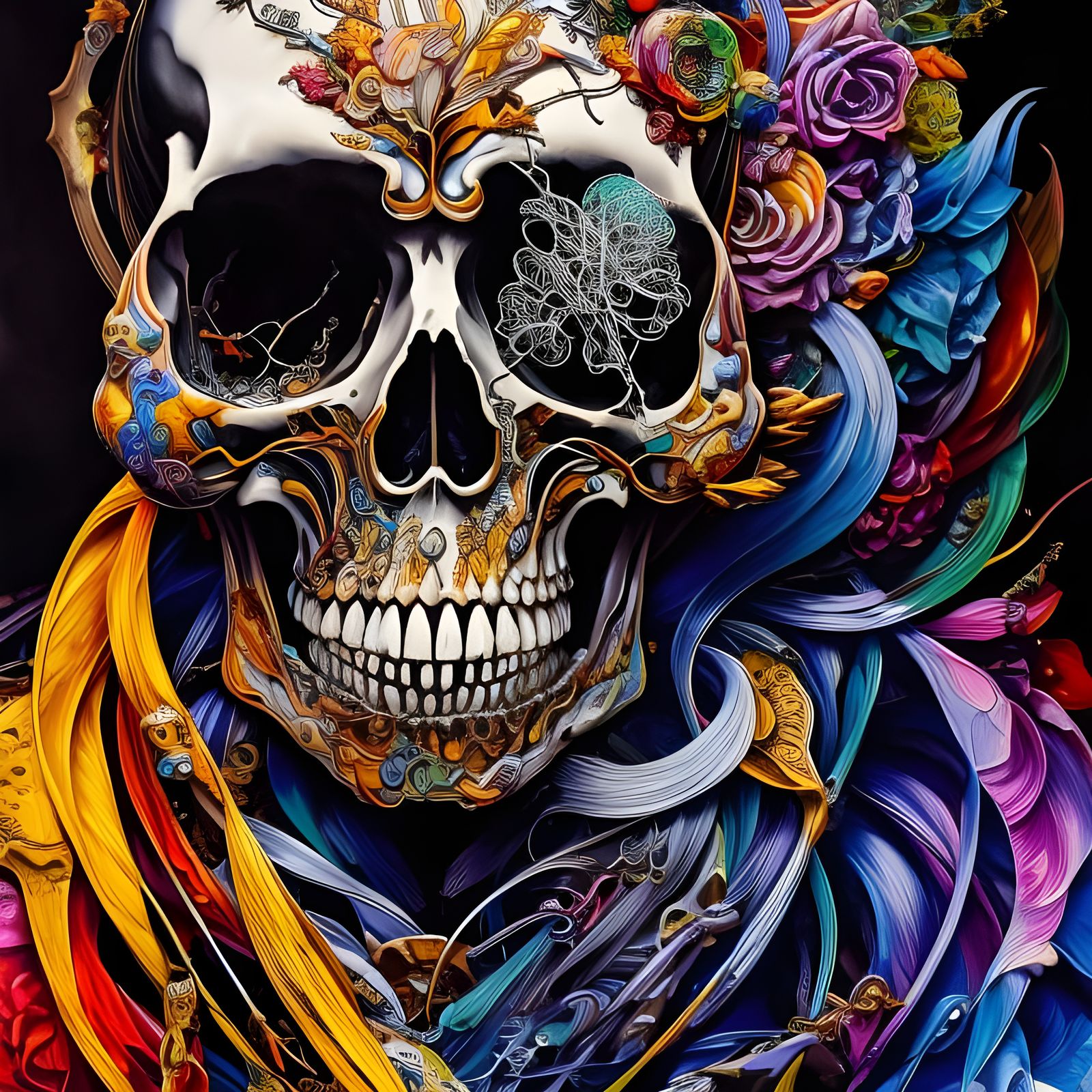 Badass Skeleton Man Portrait in Marbling Oil Style