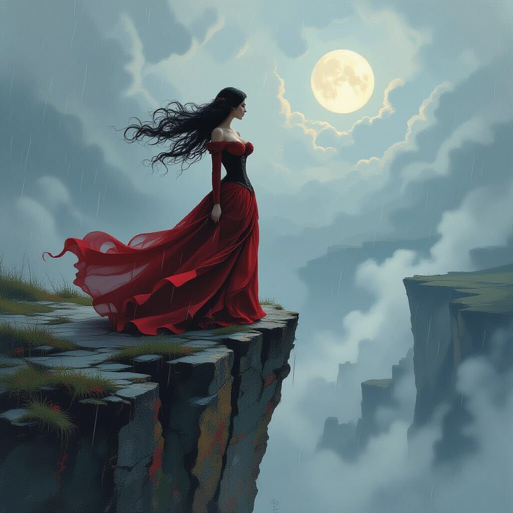Dreamlike Woman on Stormy Cliff Edge