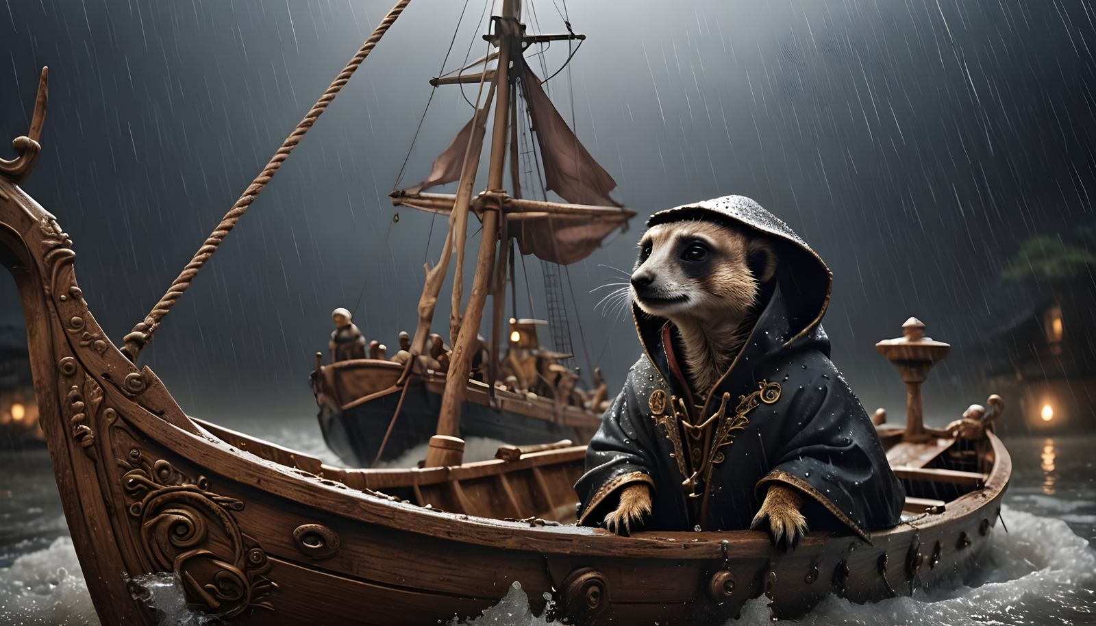 Meerkat Sails Through Storm in Ornate Boat