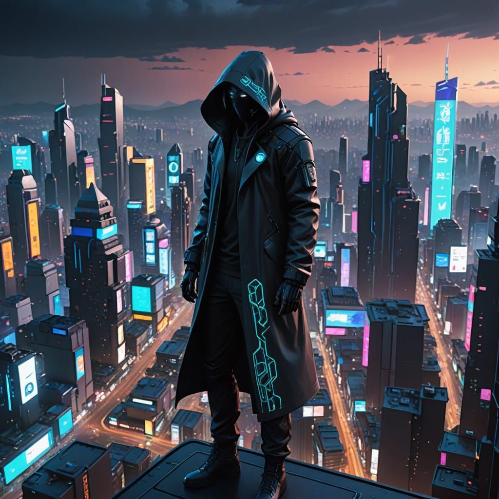Cyberpunk Hero Gazing Out at the City
