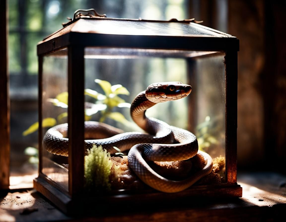 Viper Snake in Rusty Terrarium, Volumetric Lighting