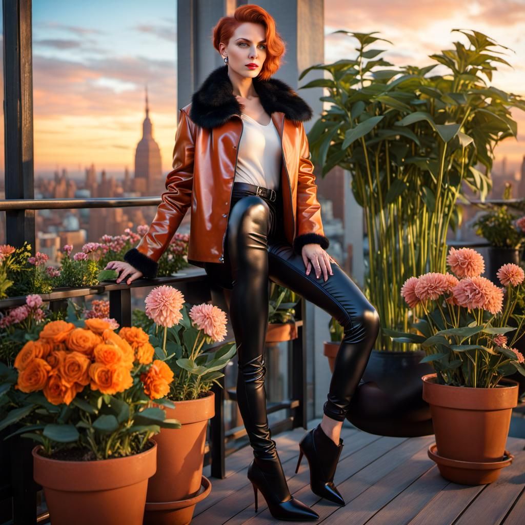 full body portrait Gorgeous woman, ginger short hair, blue eyes, wearing rust color latex jacket with fur collar, black ...