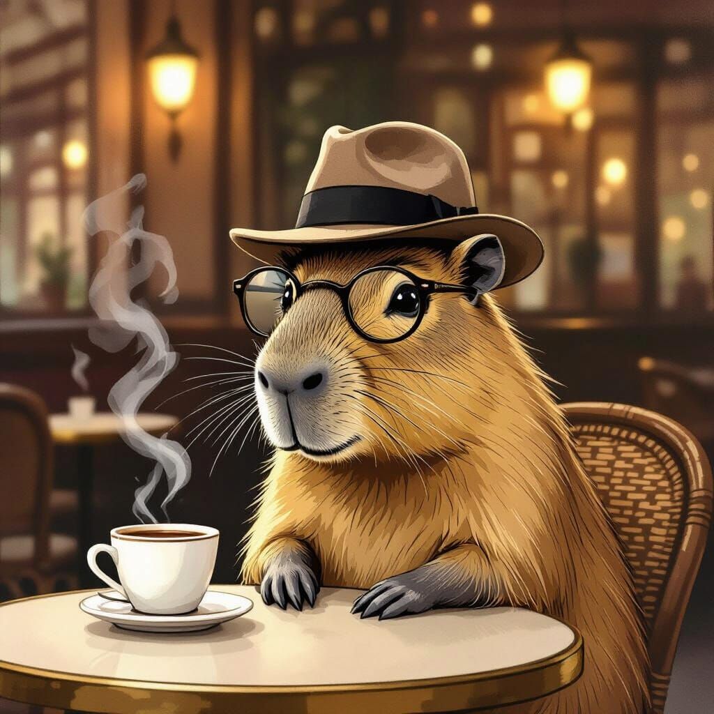 Capybara in Fedora and Glasses at Parisian Cafe