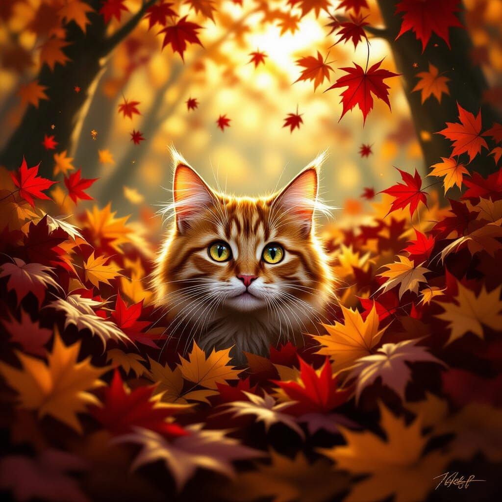 Mischievous Ginger Cat in Autumn Leaves