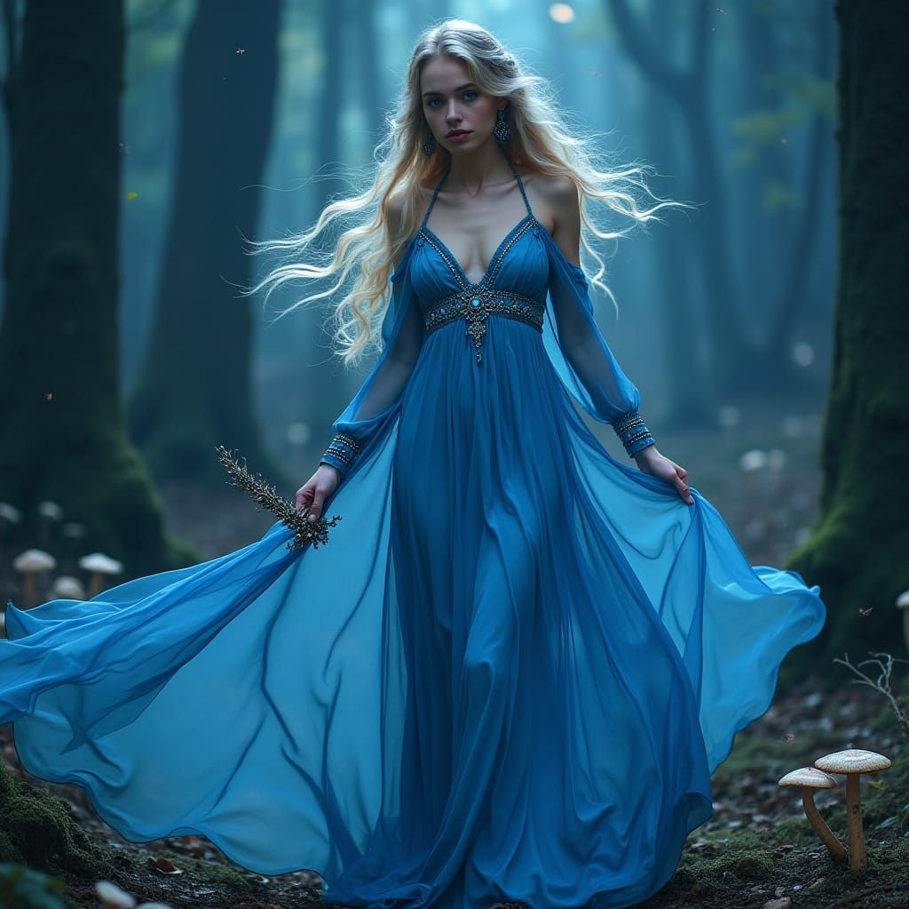 Mystical Blue-Haired Sorceress in Ethereal Landscape