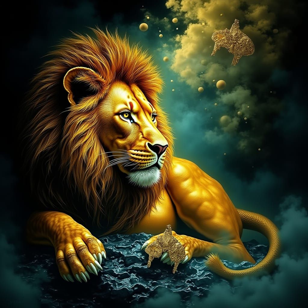 Golden Ink Lion in Mystical African Landscape