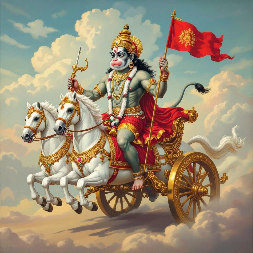 Hanuman on Golden Chariot, South Indian Art