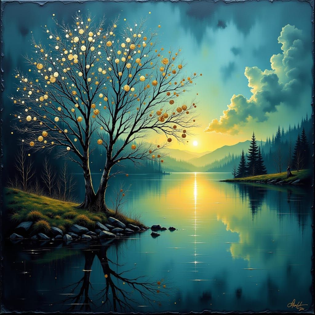 expressionism canvas painting, dark blue silver and copper w...