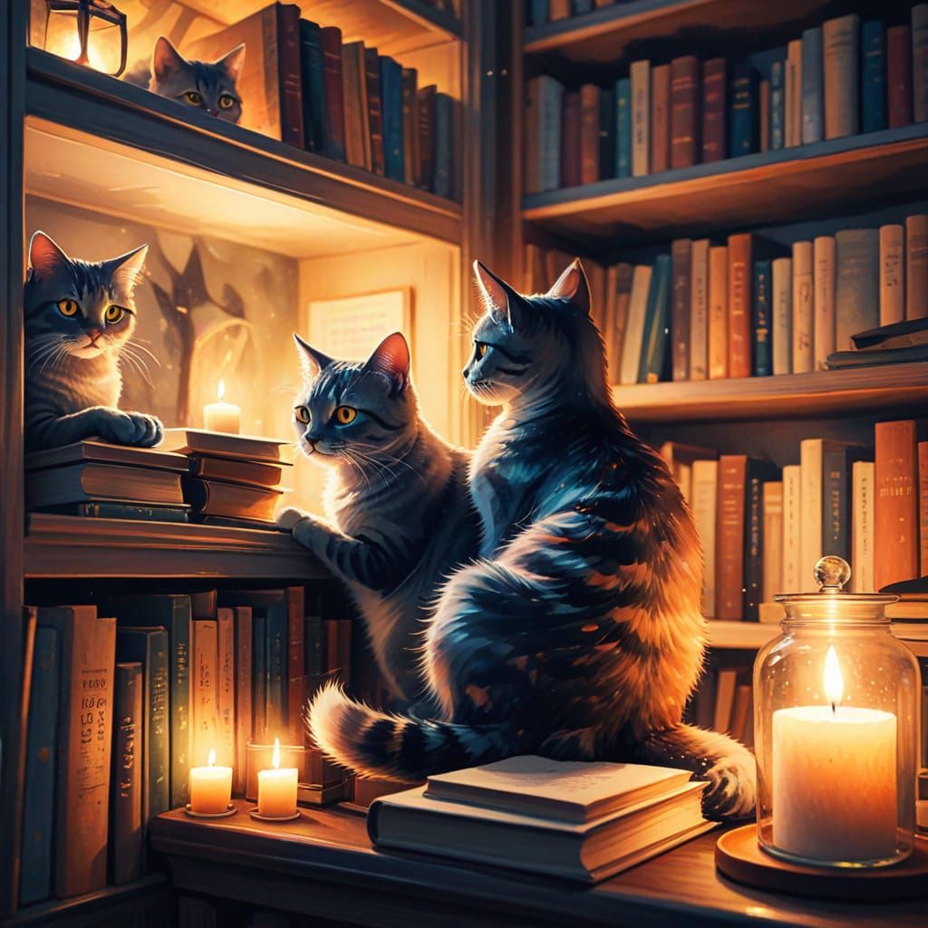 Cozy Cats Reading Books in Watercolor Style