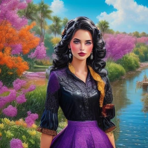 Elegant Woman in Jewel-Toned Dress: Oil Painting Portrait