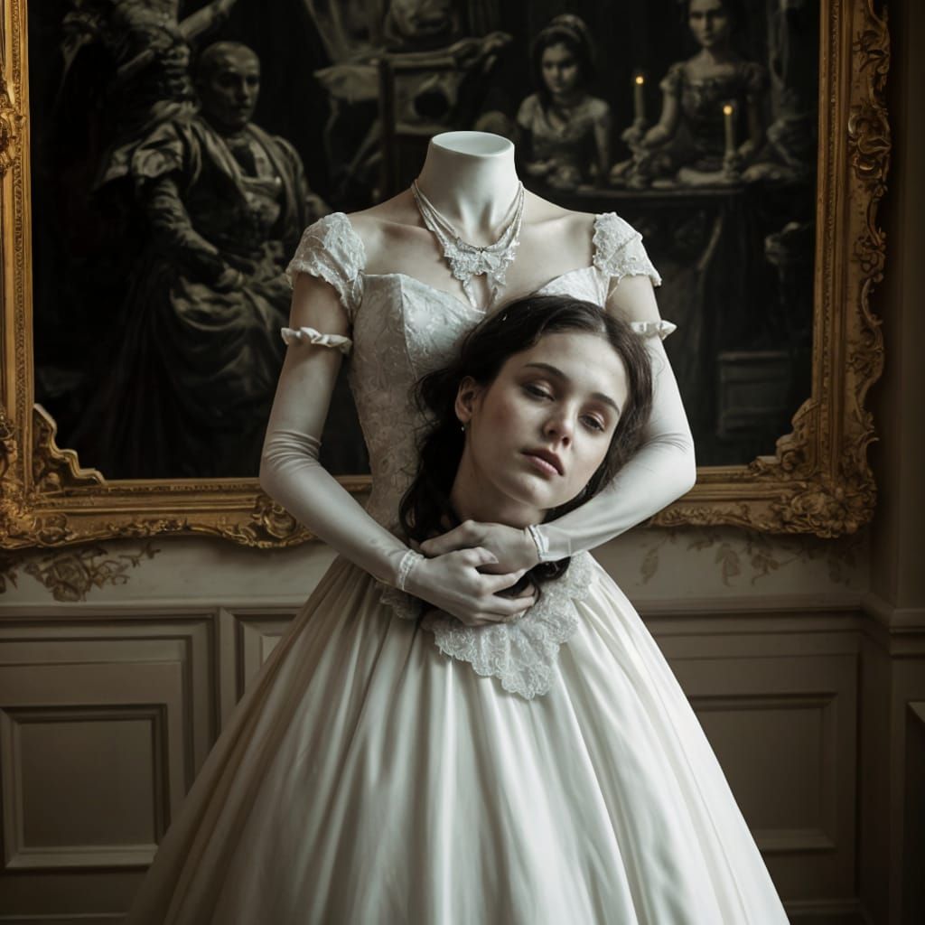 Creepy Headless Bride Portrait in Crowded Ballroom