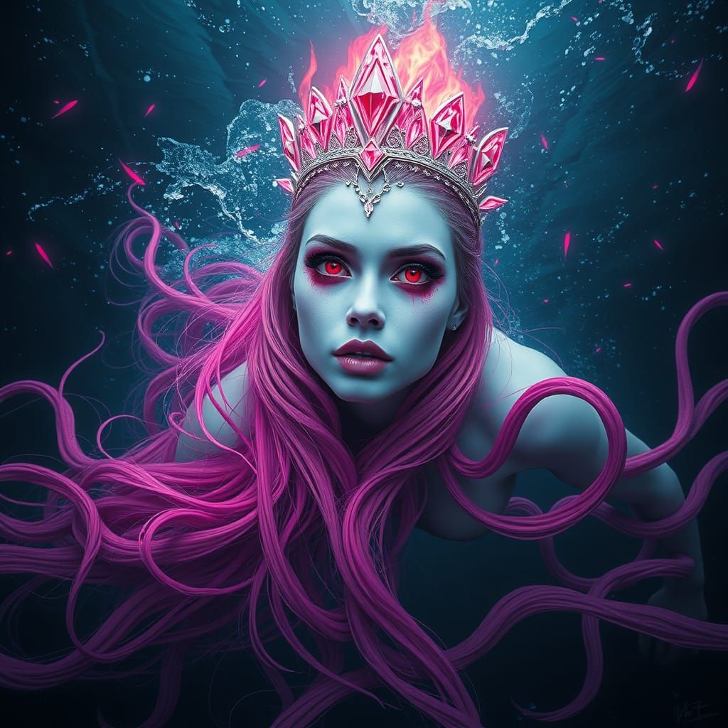 Cyberpunk Woman Diving in Stormy Ocean, Digital Art