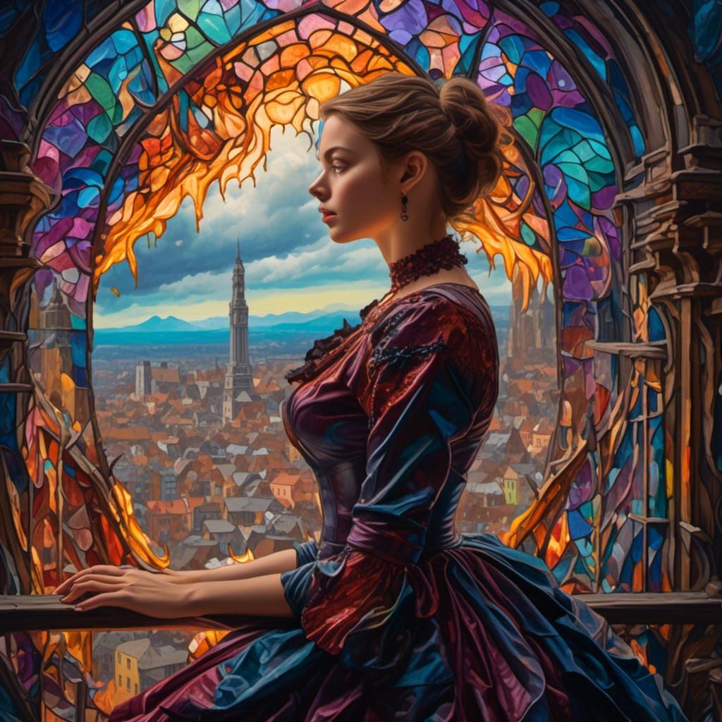 Woman Gazing at Dimensional Rift in Fauvist Style