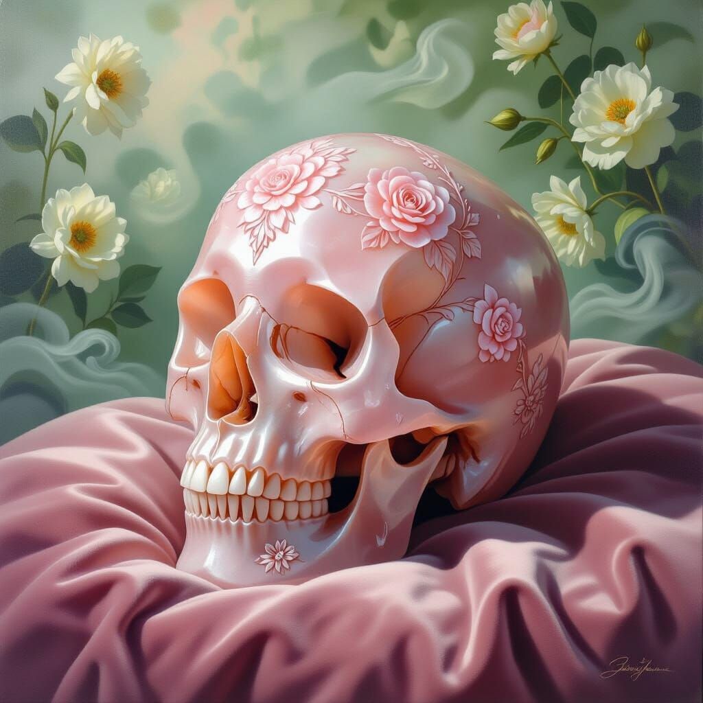 Rose Quartz Skull with Floral Carvings in Pre-Raphaelite Sty...