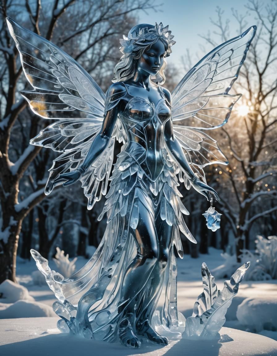 beautiful transparant ice masterpiece art ice statue of a full body ice fairy made of ice with large ice wings sitting o...