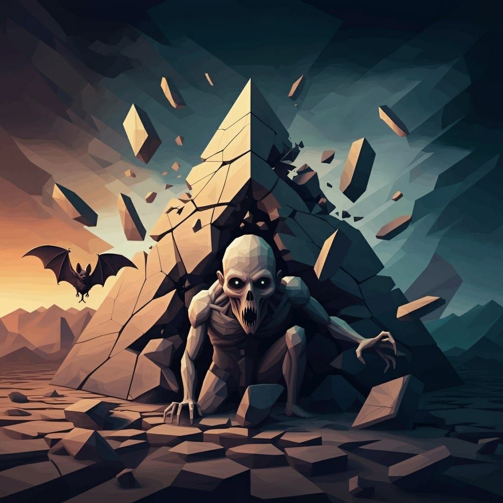 Cubist Nightmare: Terrifying Creature and Crumbling Pyramid