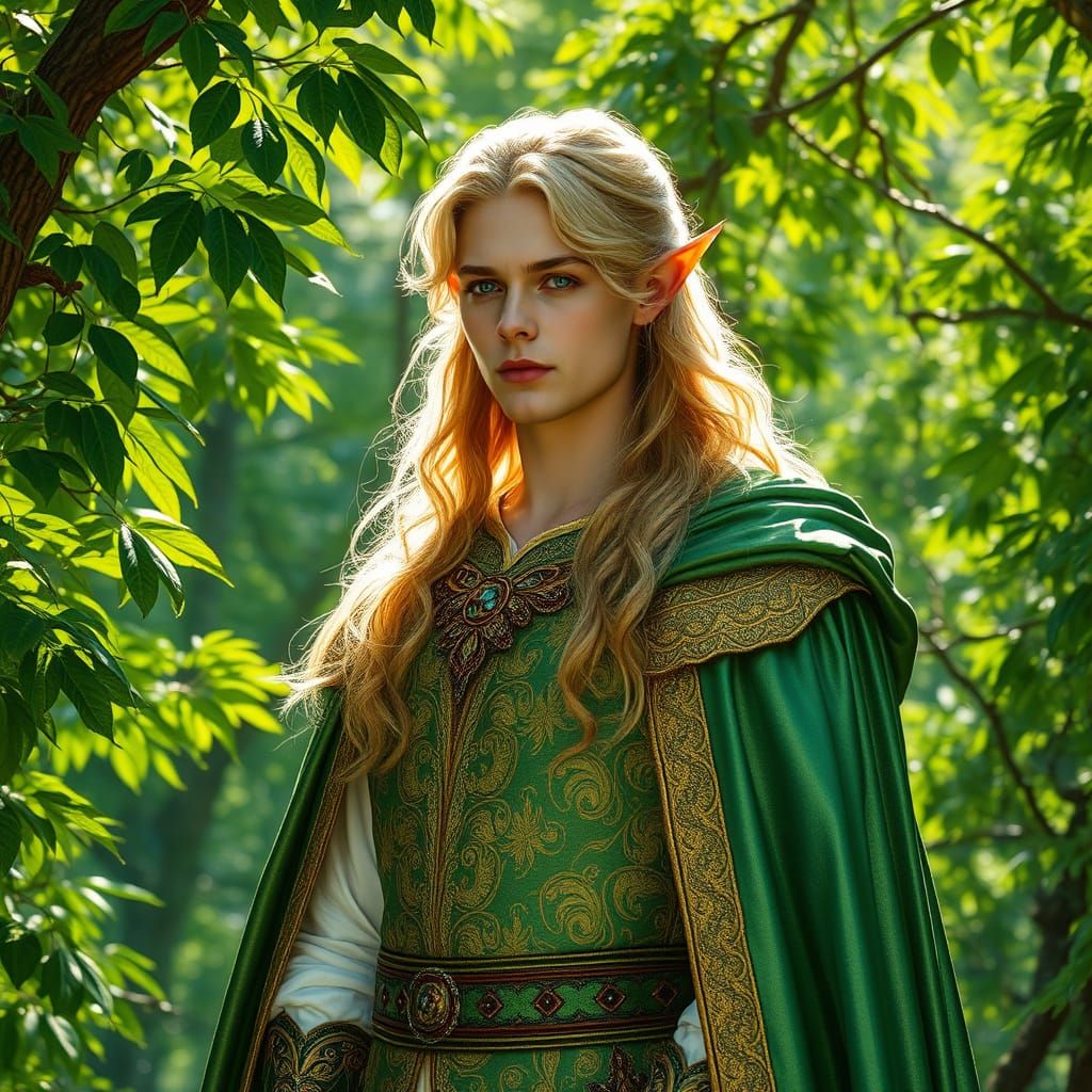 Ethereal Elven King in Vibrant Sacred Grove